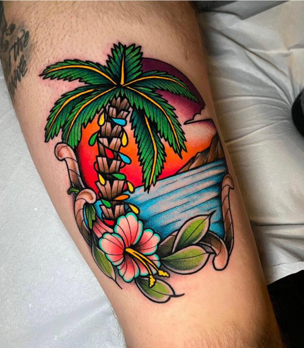 Stylized palm tree and hibiscus tattoo in traditional steel