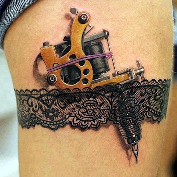 Tattoo Machine and black lace garter