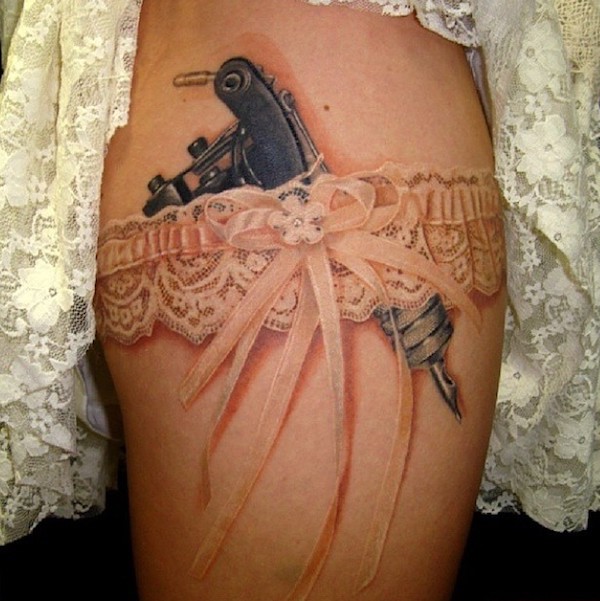 Tattoo Machine and white lace garter tattoo