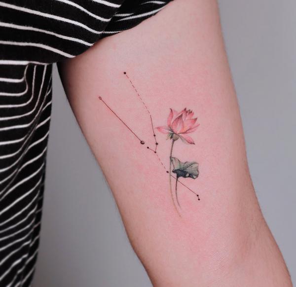 Taurus Constellation with pink and gray lotus flowers
