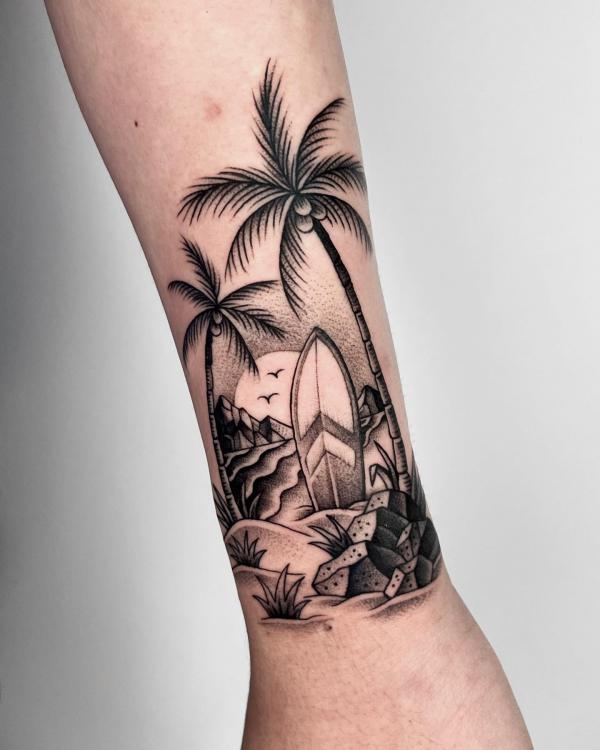 Traditional palm beach scene dotwork