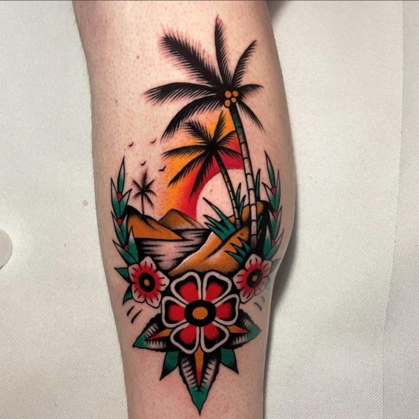 Trditional palm tree and flower tattoo