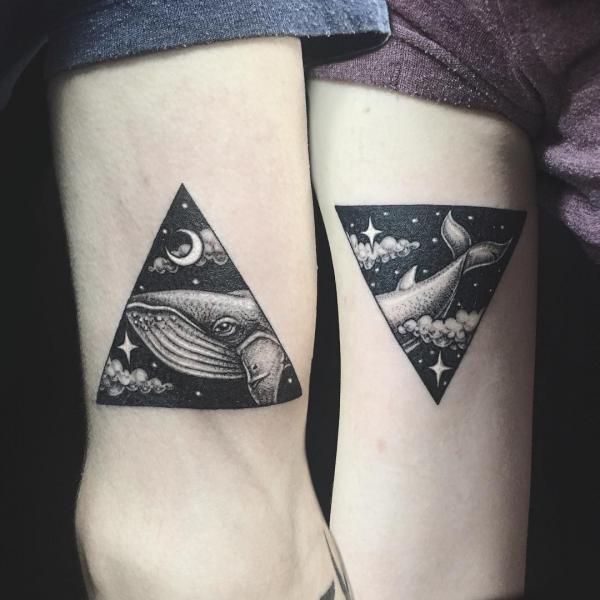 Whale matching tattoos with moon and stars