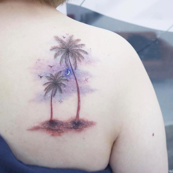 Whimsical palm trees with watercolor background
