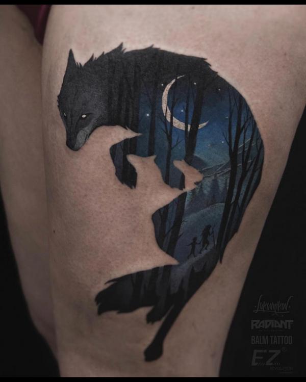 Wolf tattoo with nighty background