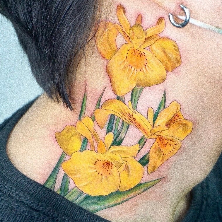 Yellow iris neck tattoo