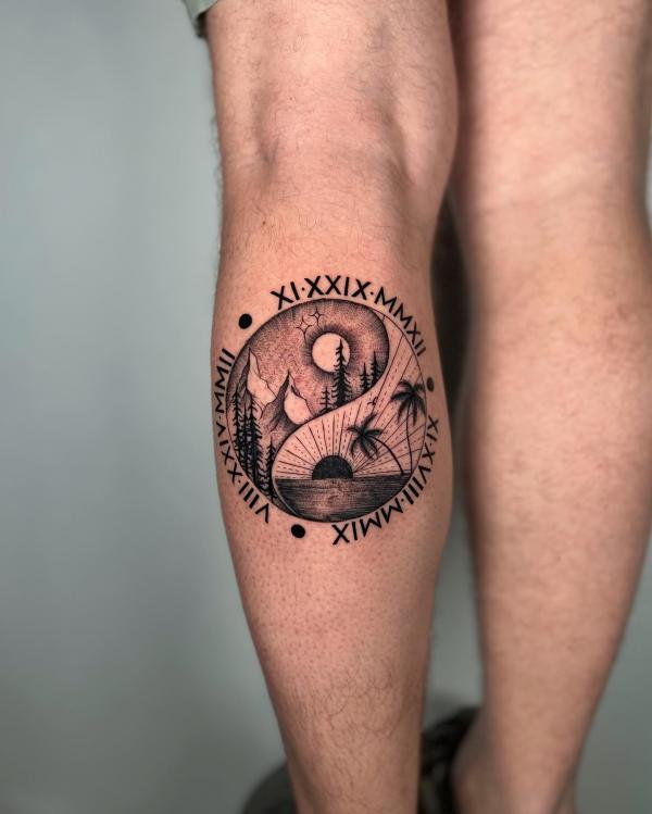 Yin yang circle with palm tree