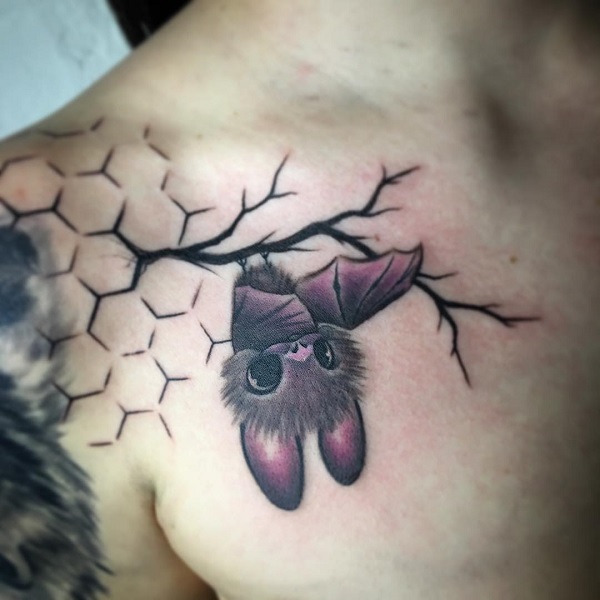 A hanging bat on hexagon backdrop