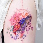 A turtle carrying a water lily