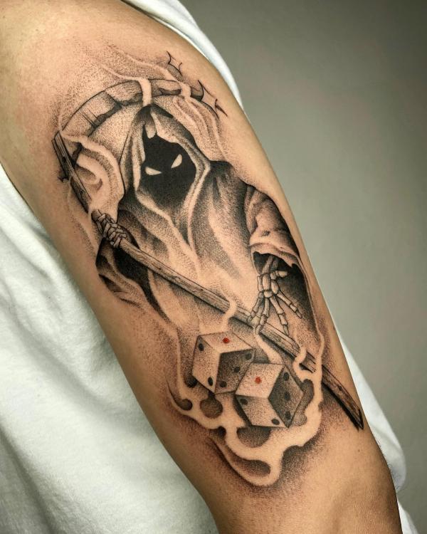 Burning grim reaper with dices