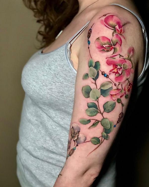 Colorful orchid with leaves