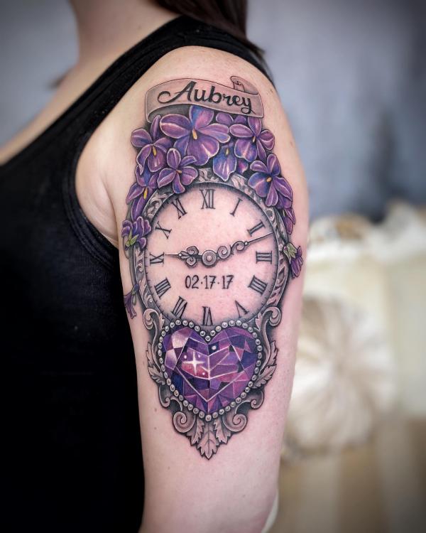 Diamond and clock tattoo with name