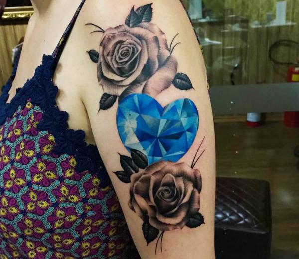 Diamond and rose sleeve tattoo
