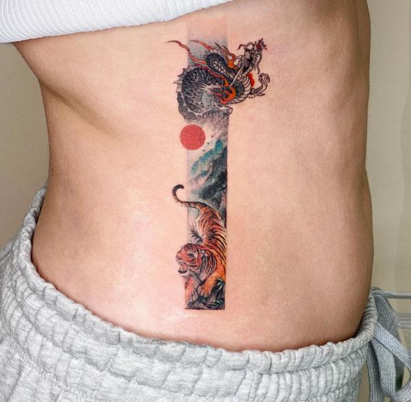 Dragon and tiger rectangular tattoo