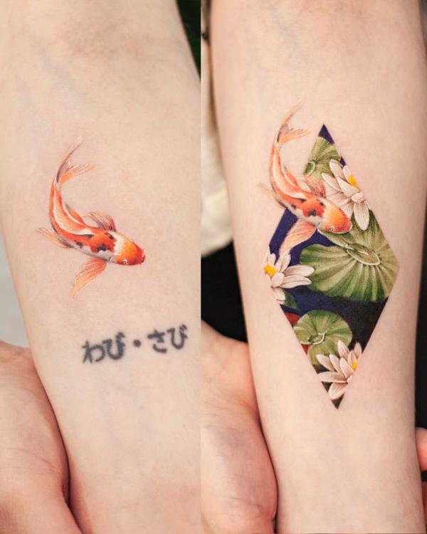 Feminine koi fish on water lily backdrop
