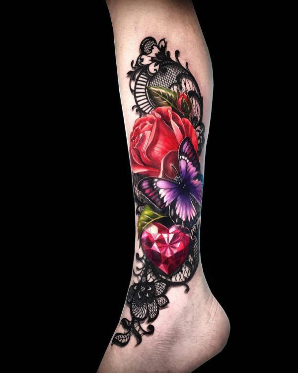 Flowers and diamante heart lace ankle tattoo