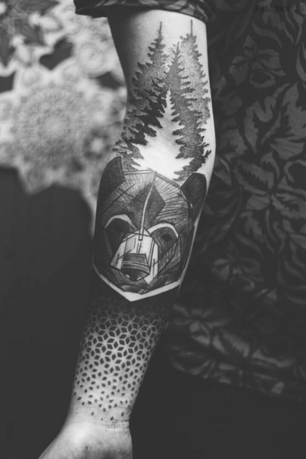 Geometric grizzly bear and trees