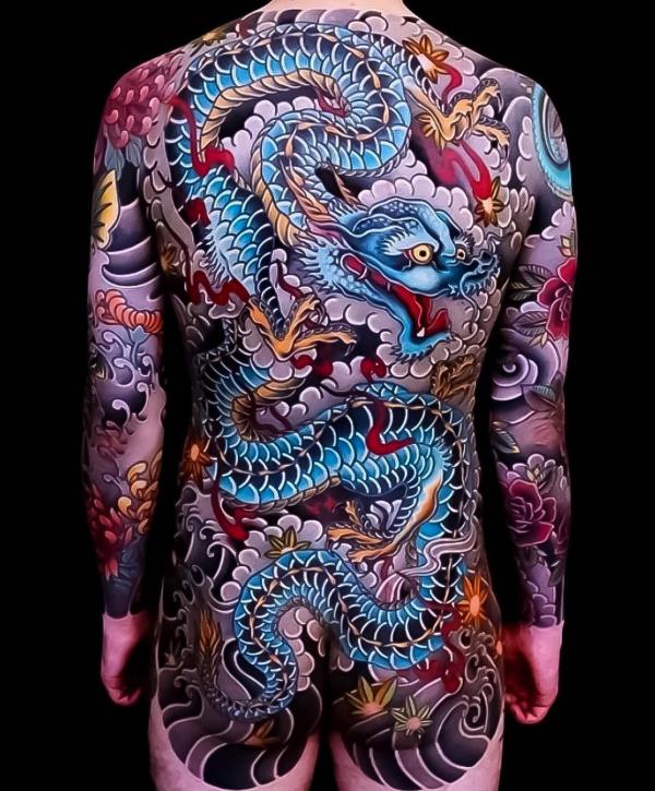 Japanese blue dragon full back tattoo