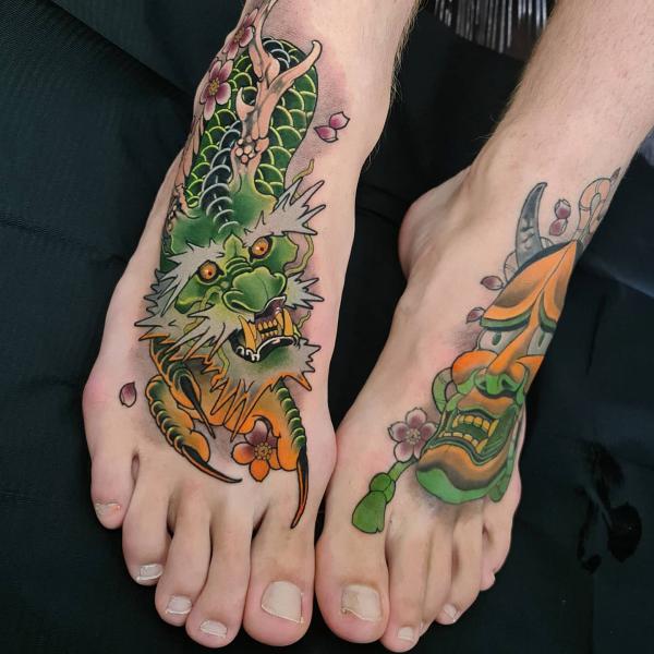 Japanese dragon and Hannya foot tattoo