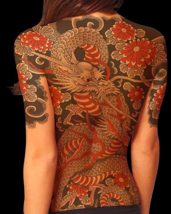 Japanese dragon and daisy back tattoo for females