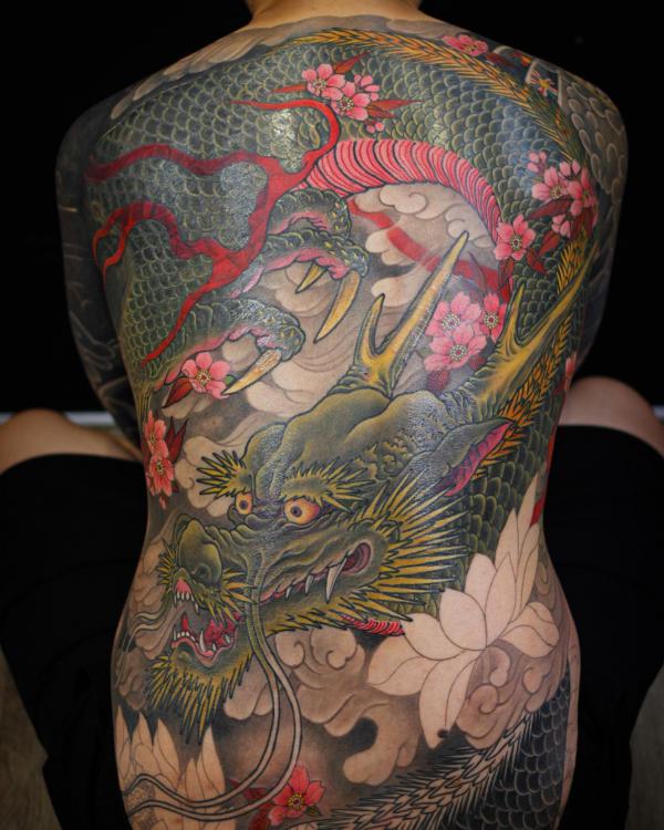 Japanese dragon with lotus and cherry blossoms full back tattoo