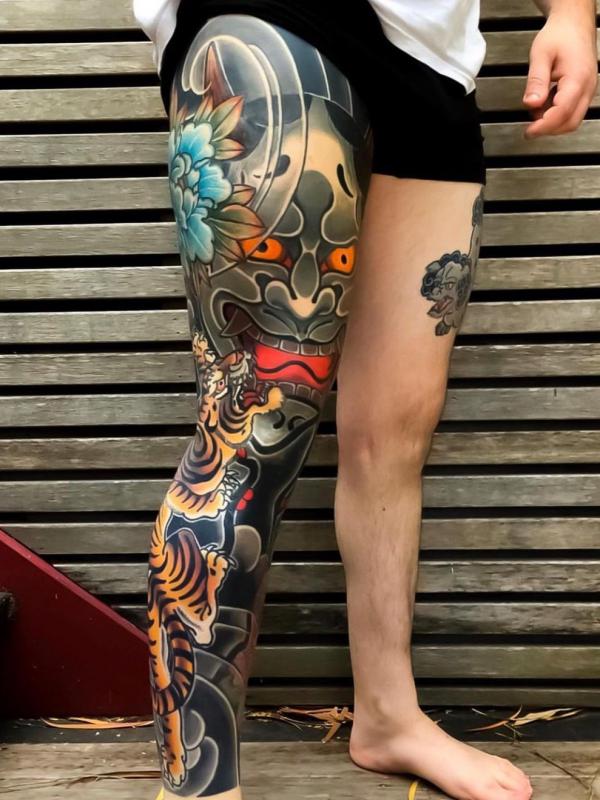 Japanese tiger and hannya leg tattoo