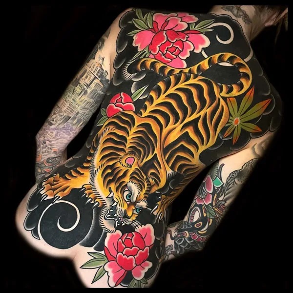 Japanese tiger and red peonies
