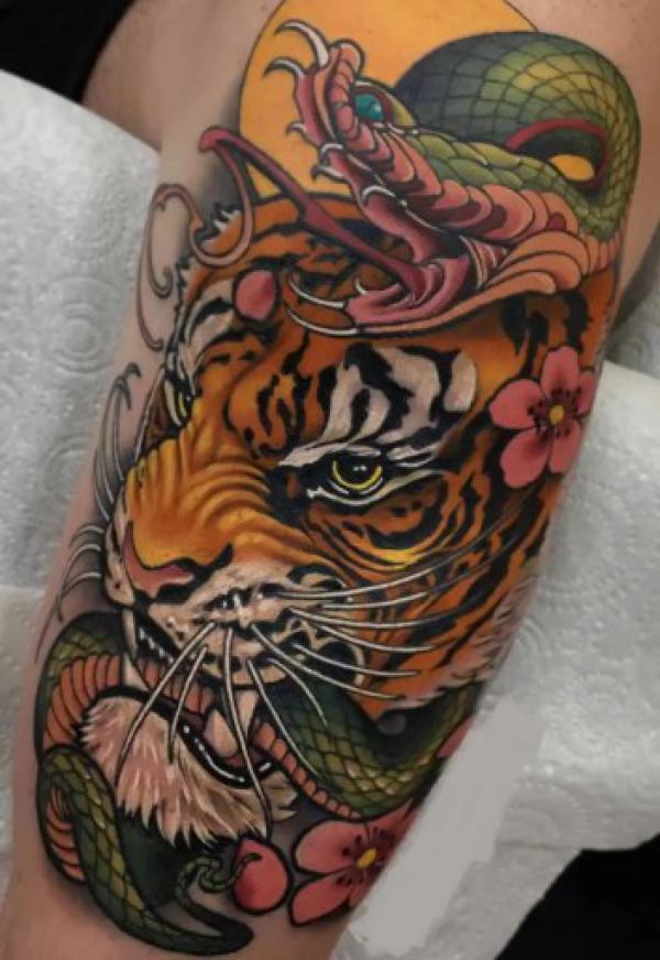 Japanese tiger and snake tattoo