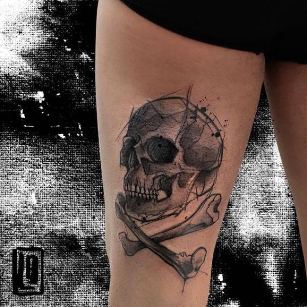 Jolly roger blackwork on thigh