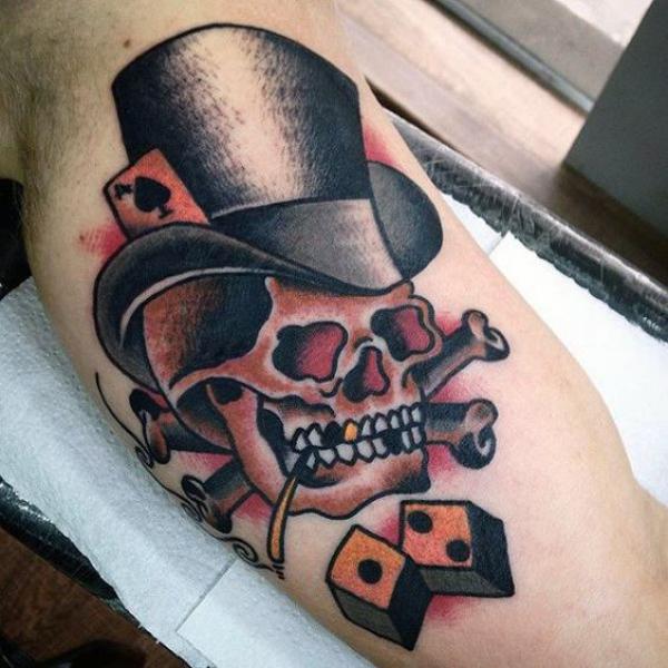 Jolly roger wearing a top hat and dice and poker