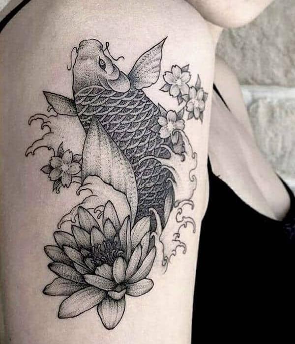 Koi fish and water lily dot work