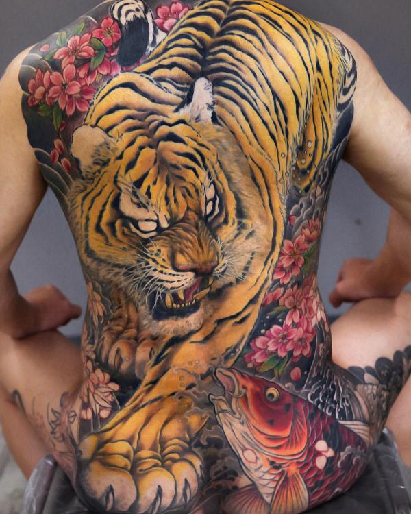 Majestic tiger with koi fish and cherry blossoms