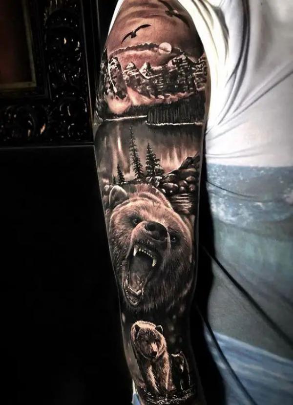 Multiple exposure bear sleeve tattoo