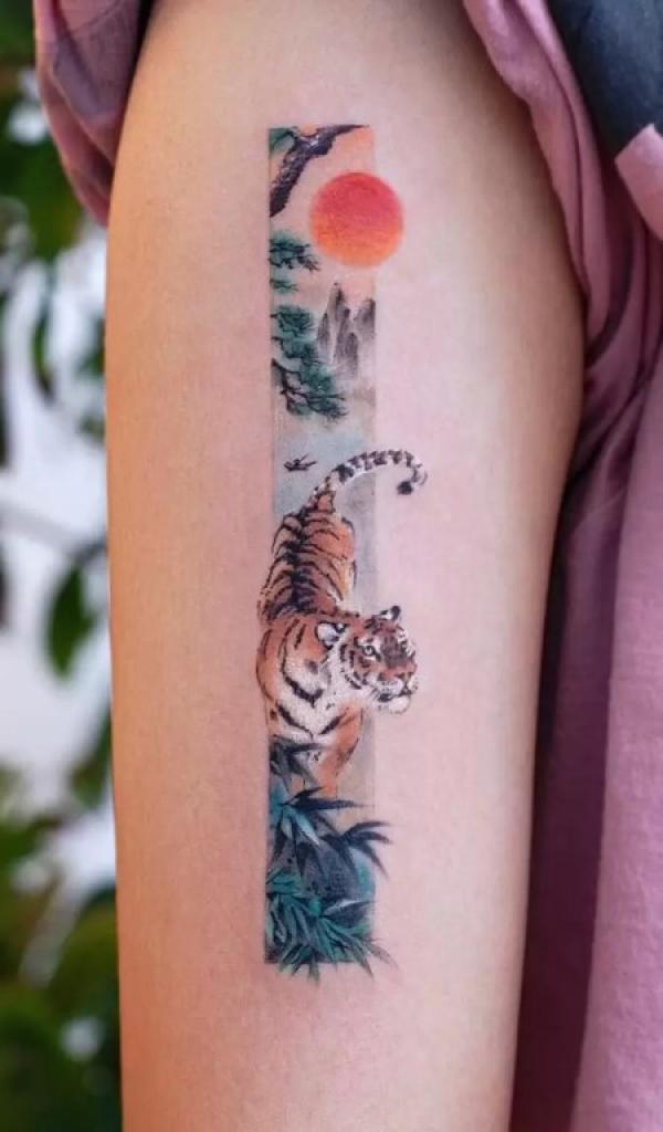 Rectangular tiger and sun tattoo