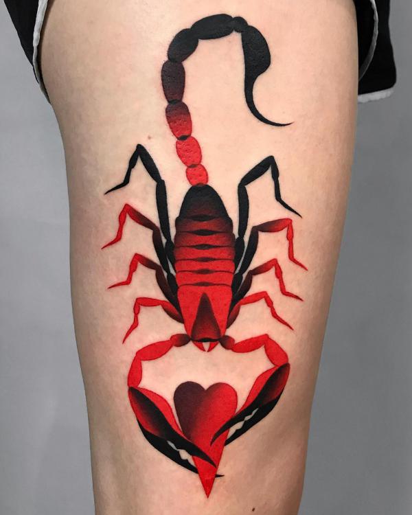 Red and black gradient scorpion holding a heart