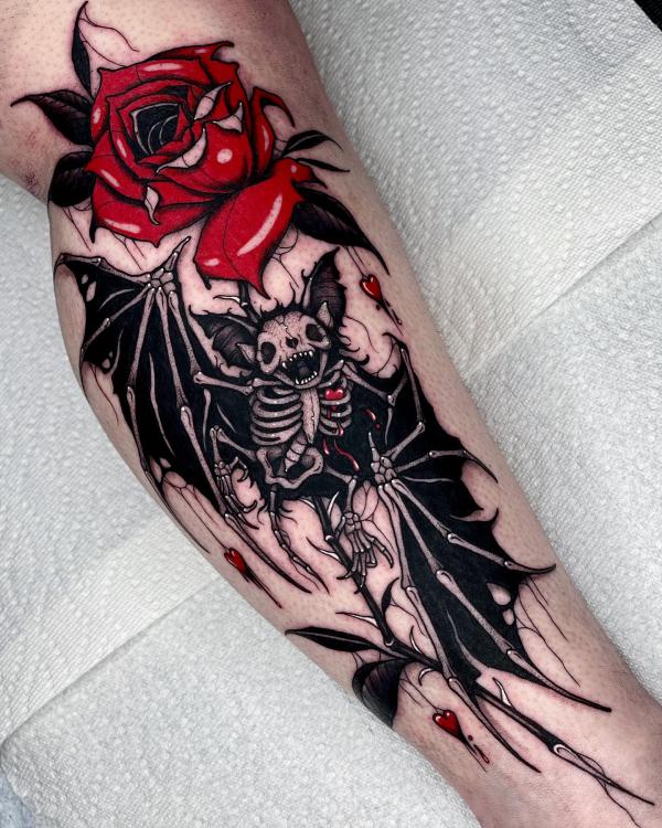 Rose and bat skeleton