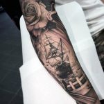 Rose and pirate boat with jolly roger flag