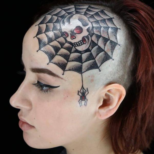 Spider web head tattoo