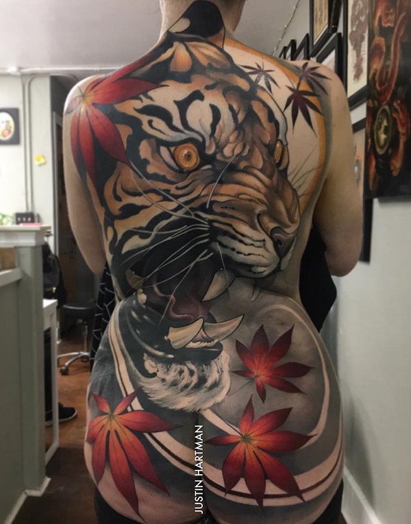 Tiger head and maple leaves full back tattoo