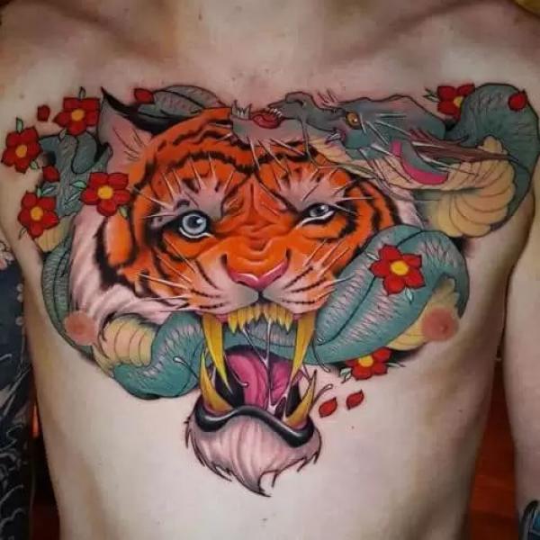 Tiger head entwined with dragon