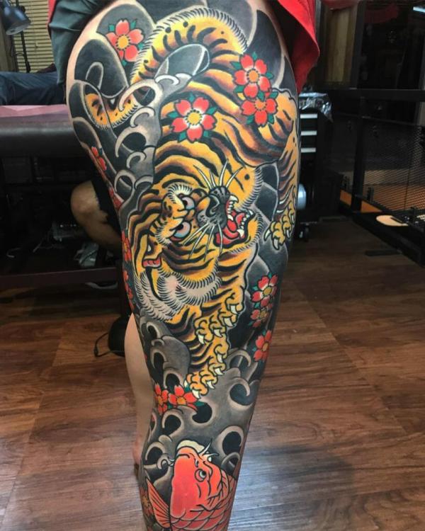 Traditional Japanese yellow tiger and koi fish
