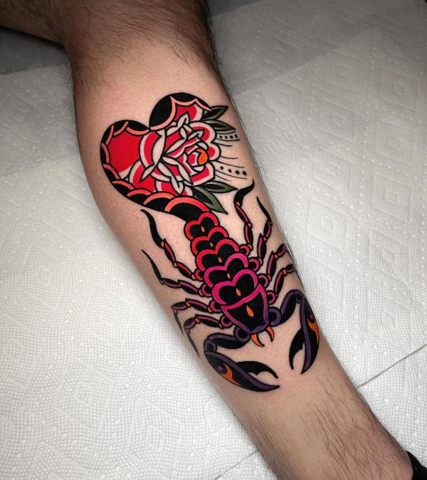 Traditional rose encircled with the tail of a scorpion in heart shape