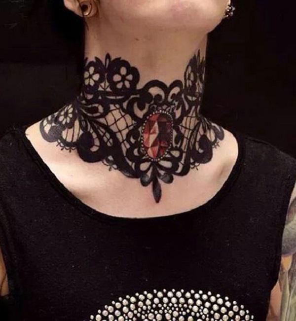 Victorian lace choker tattoo with diamond tattoo on neck