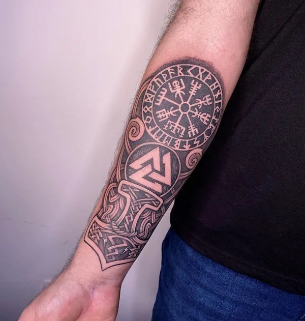Viking valknut and runic compass tattoo