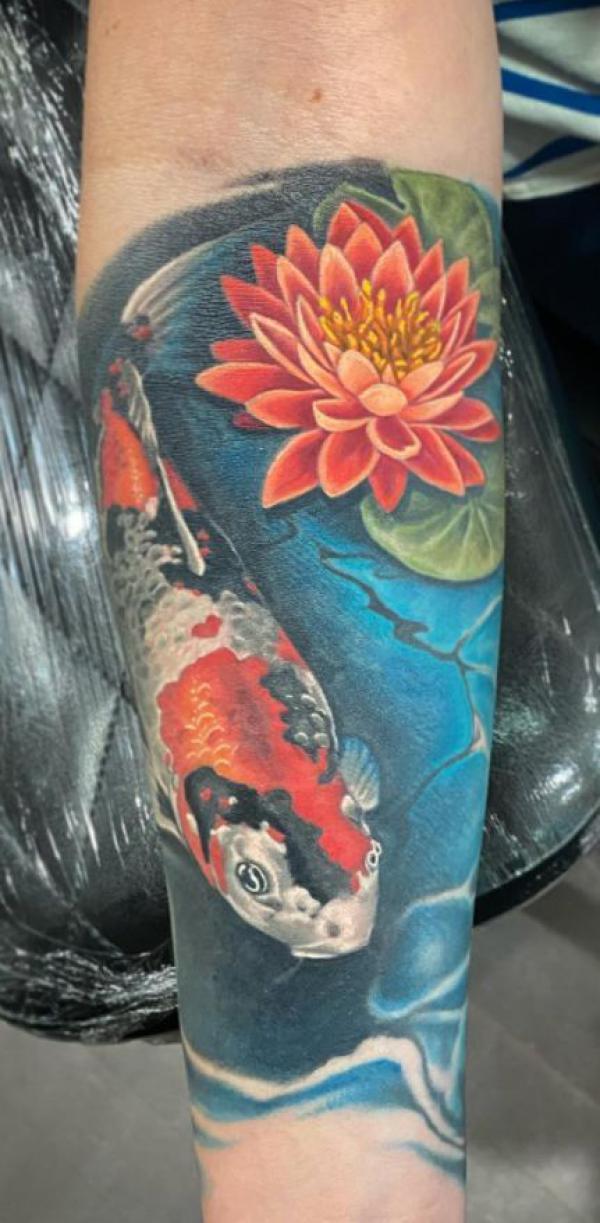 Water lily with a colorful koi fish