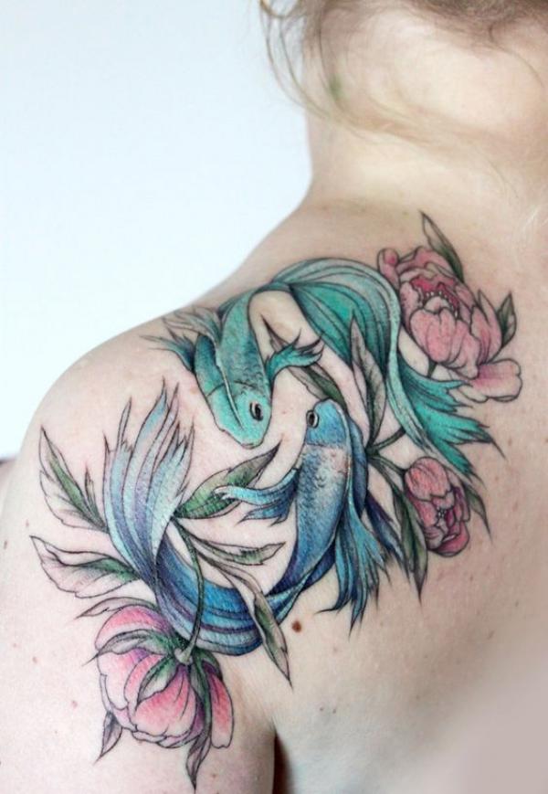 Colored Pisces fish and peony shoulder blade tattoo