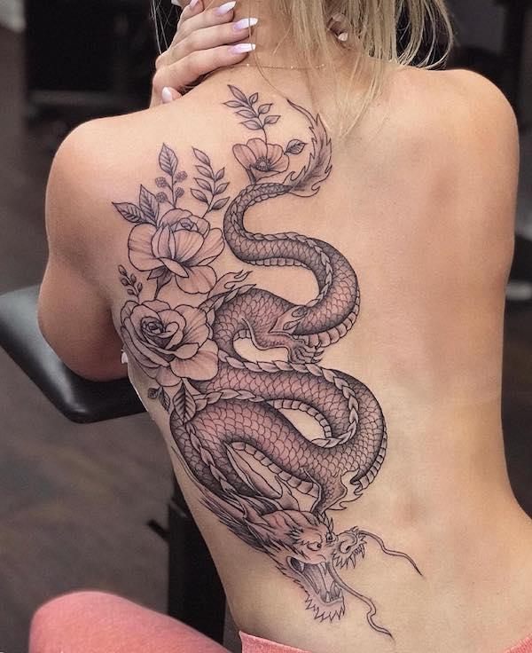 Charming Girl Show Black 3D Dragon Tattoo Outline On Full Back – Truetattoos
