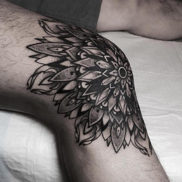 Mandala dotwork knee tattoo