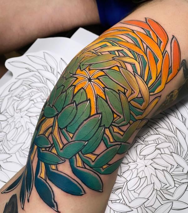 Neo traditional Chrysanthemum tattoo