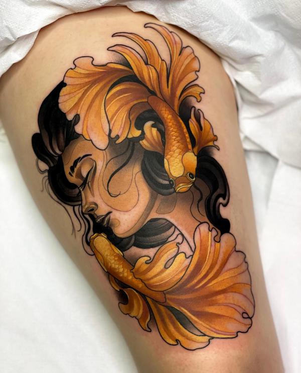 Neo traditional female face and Pisces fish tattoo